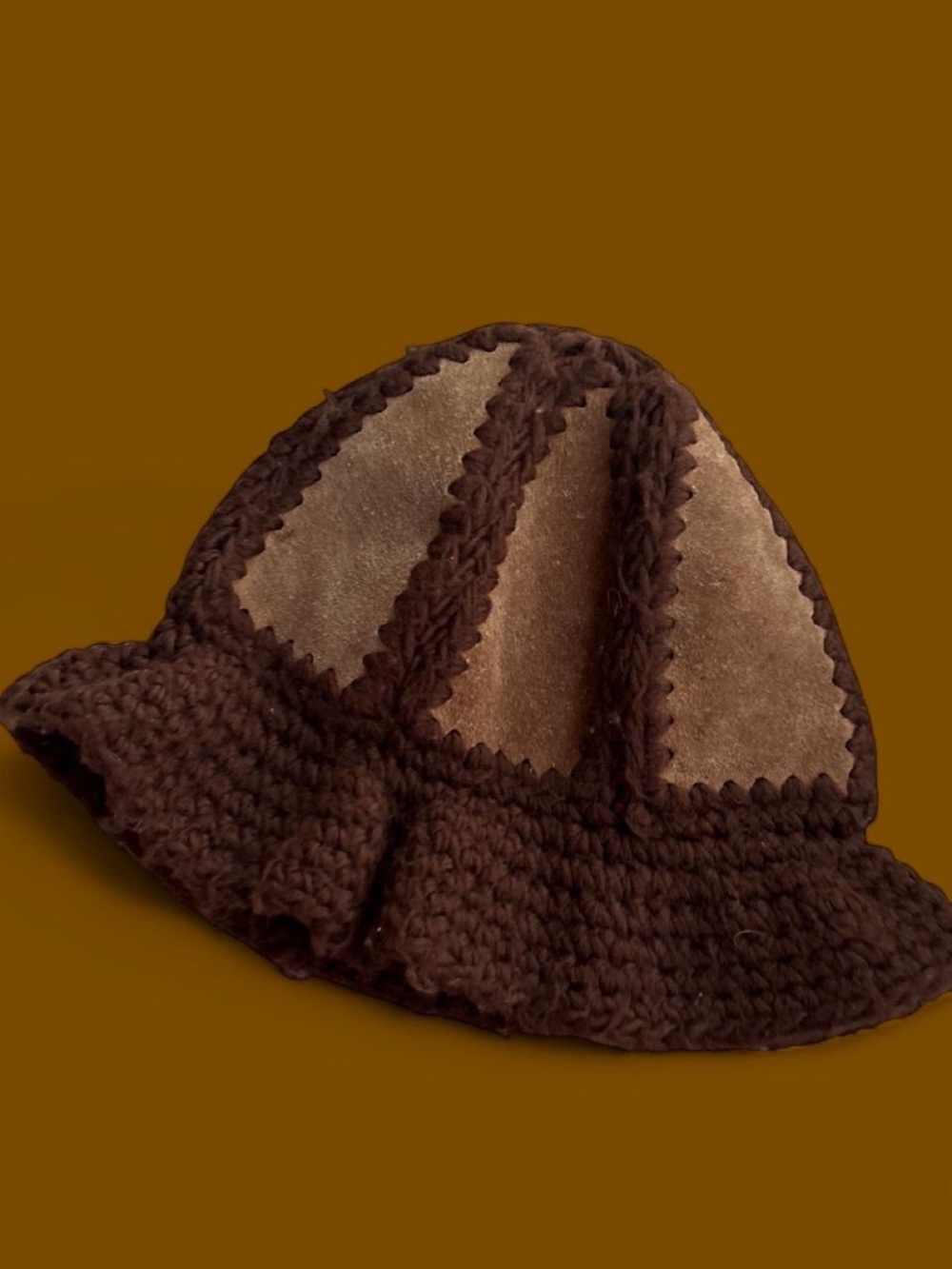 Vintage 70s Brown Crochet & Suede Bucket Hat - Women